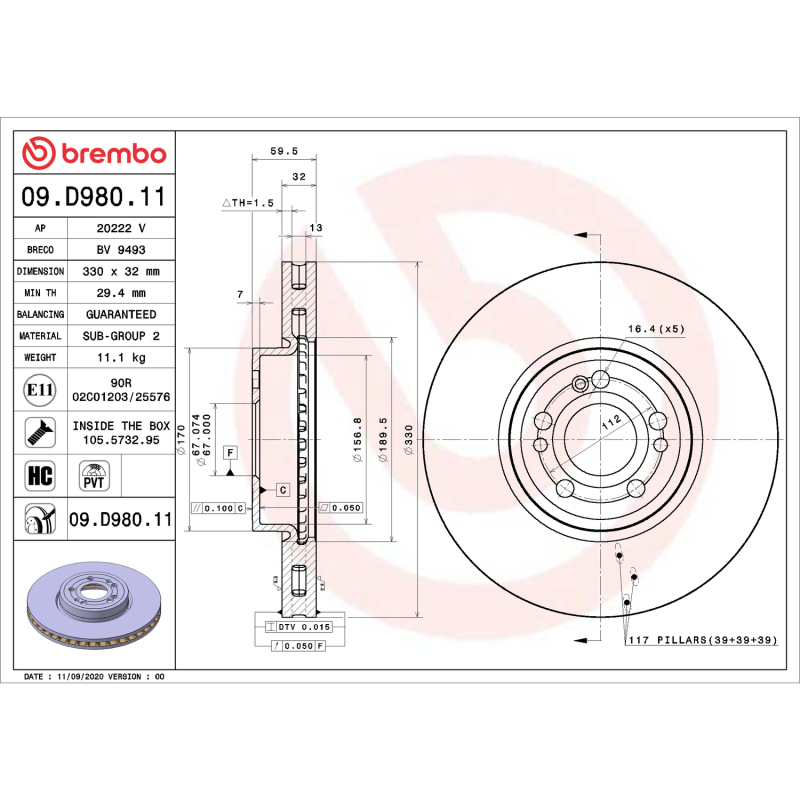 Mercedes-Benz GLE580 Brake Rotor (1) - Front - Brembo OE - UV Coated - `20-`21